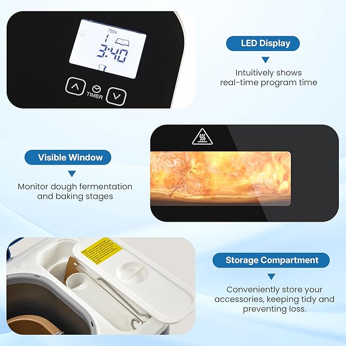 2.2LB Bread Maker, 21-in-1 Programmable Bread Machine with Digital Touch Panel, 3 Loaf Sizes 3 Crust Color, Keep Warm, 15H Timer, Blue Bread Making Kit & Breakfast Maker with Nonstick Pan