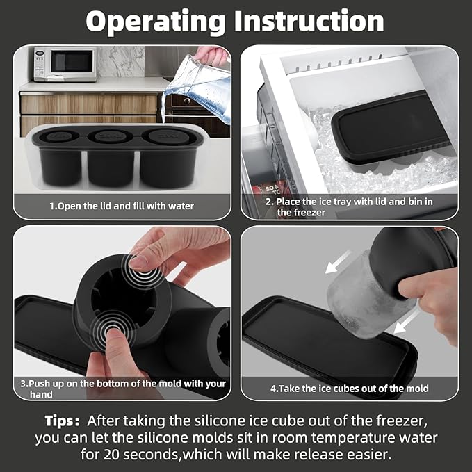Fu Store Ice Cube Tray for Tumbler Cup 30-40 oz, 3pcs Silicone Ice Cube Molds With Lid and Bin for Chilling Cocktails Whiskey Drinks Juice Coffee Easy Fill and Release Ice Maker (Black, 40 oz)