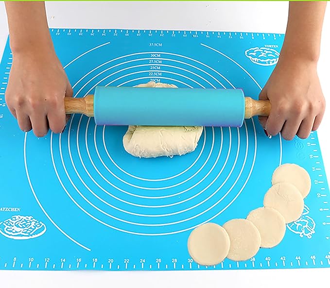 Silicone Rolling Pin, Blue 9 Inch Pin with Wooden Rotatable Handle for Dough of Baking Bread, Cookie, Pizza (blue, 9 inch)