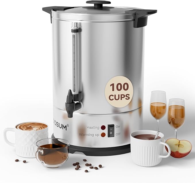 MOOSUM 100-Cup Commercial Coffee Maker Hot Water Urn, 4 Gallon Large Capacity Hot Drink Dispenser, 1500W Quick Brew for Catering Events, Stainless Steel