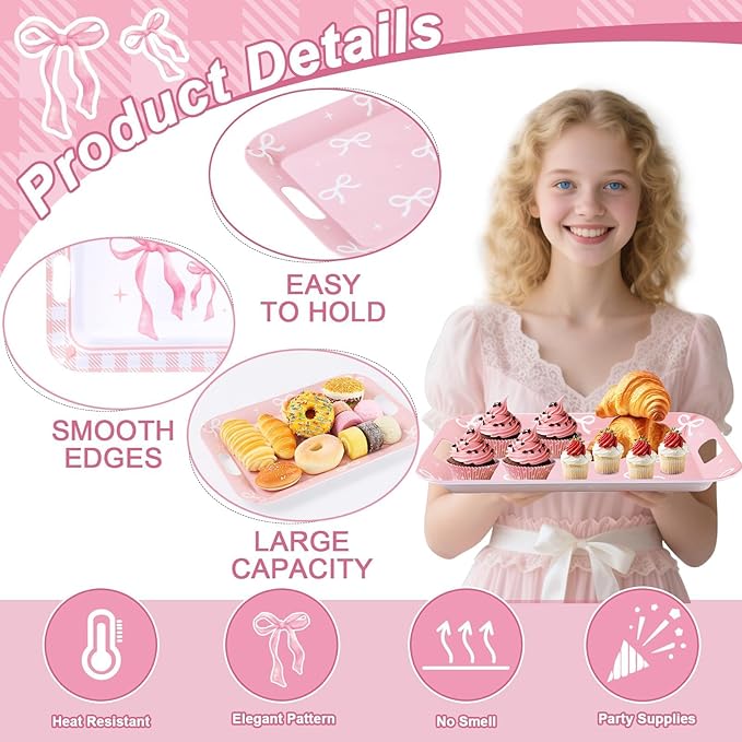 gisgfim 2Pcs Valentine's Day Serving Trays Pink Bow Coquette Party Decorations Large Melamine Serving Platters with Handles for Girls Bachelorette Bow Party Decor Wedding Dessert Birthday Supplies
