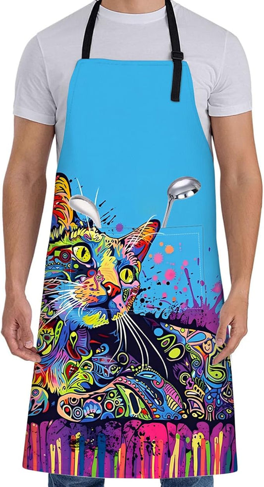 Colorful Cat Apron for Women,28x33in,Fun Artistic Kitten Kitchen Aprons with 2 Pockets,Oxford Fabric,Stylish Creative Adjustable Apron for Cooking Baking Gardening Chef,Gifts for Mom Wife