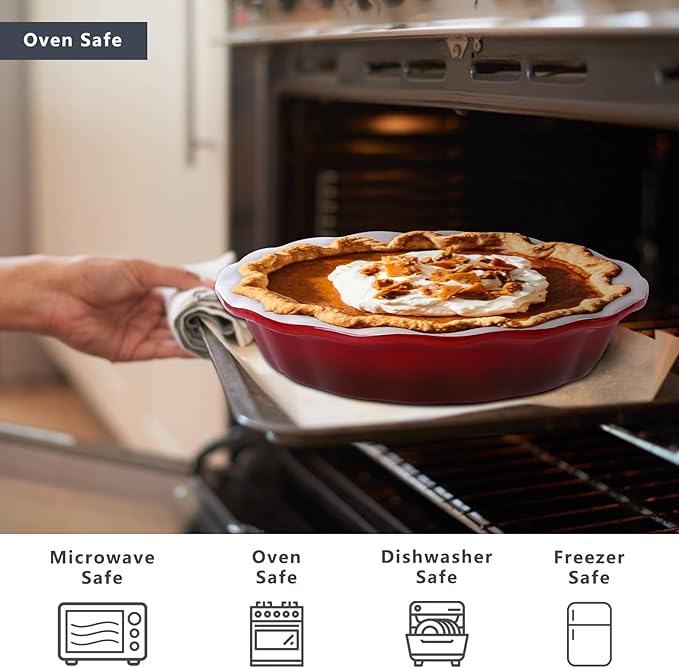 Lareina Deep Dish Pie Pan for Baking, 9 Inch Ceramic Fluted Pie Dish for Apple, Quiche, Pecan, Pot Pies, 53 Ounce Round Pie Plate, Set of 2, Red