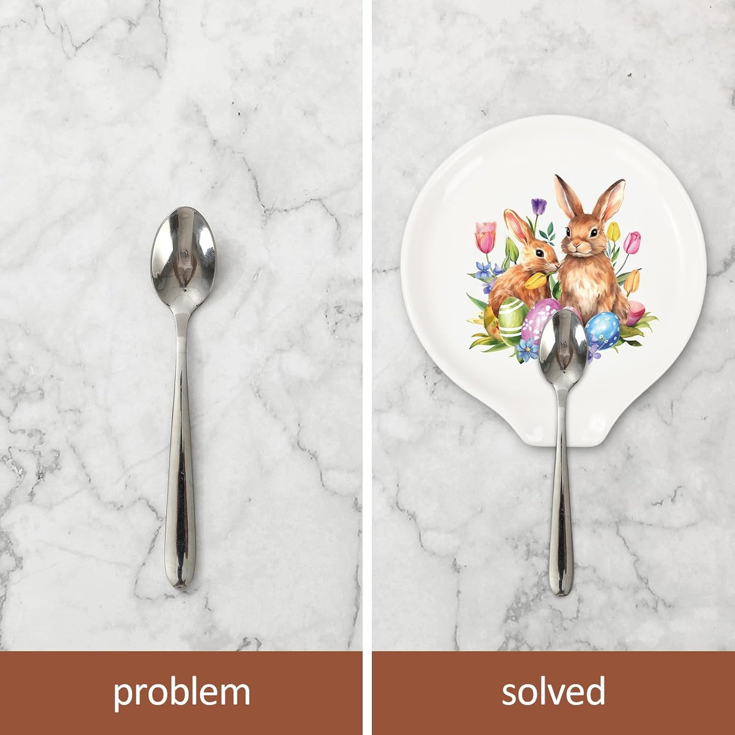JarThenaAMCS 4.7inch Easter Bunny Spoon Rest Watercolor Rabbit Egg Tulip Flowers Small Coffee Spoon Holder for Spring Coffee Stirrers Teaspoon Bar Coffee Station