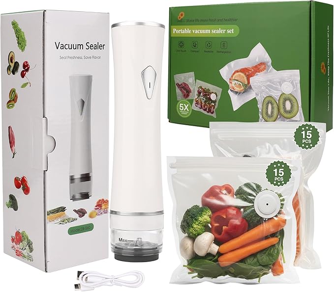 Handheld Vacuum Sealers for Food Storage – USB Rechargeable, 30 Reusable Vacuum Bags, Compact – From Sous Vide Bags and Sealer to a Snack Sealer and Freezer Meals
