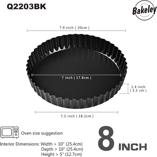 Bakeley 8-Inch Non-Stick Round Tart Pan with Removable Loose Bottom, Quiche Pan for Oven Baking (Black)