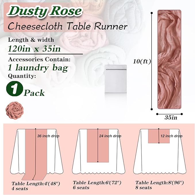 Dusty Rose Cheesecloth Table Runner 1 Pack 35" Boho Gauze 120 inches Long Runner Rustic Sheer Fabric Bulk for Baby Shower Wedding Bridal Birthday Party Table Decorations