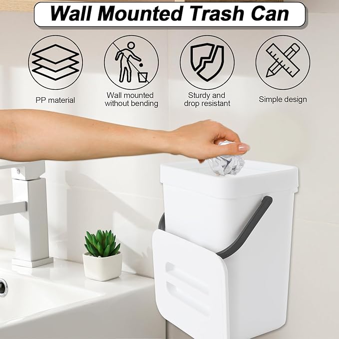 Compost Bin Kitchen, for use on Countertops or Under Sinks, Hanging Trash Can with Lid, for Cupboard/Bathroom/Bedroom/Office/Camping, Mountable Indoor Compost Bucket(White 1.3 Gallon/5L)