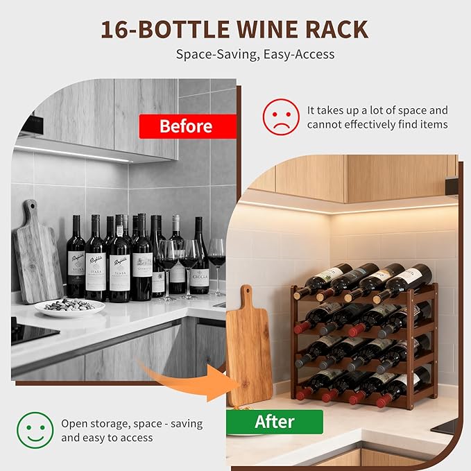Wine Rack 16-Bottle Capacity, Space-Saving Countertop Wine Storage Organizer – Sturdy Bamboo Wine Holder for Kitchen, Bar,Cabinets & Pantry, Easy Access & Clutter-Free Organization(4-Tiers)