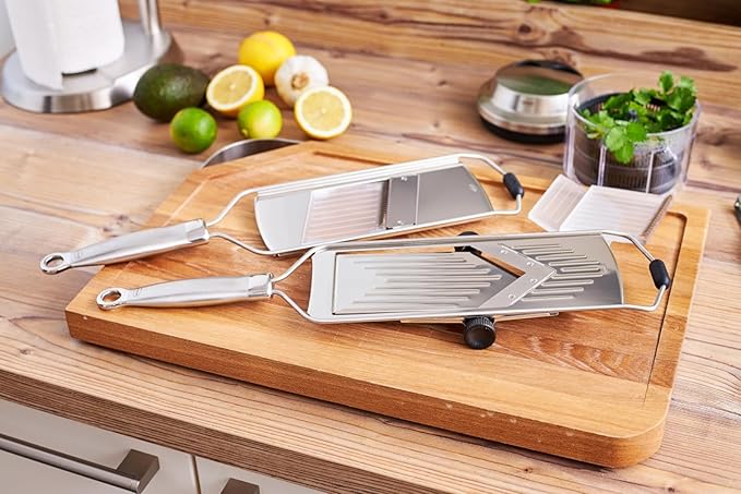 RÖSLE Supercut Slicer, V-Shaped Mandolin Slicer, 18/10 Stainless Steel Kitchen Utensil with 5 Cutting Thicknesses, Silicone Foot and Protective Cover for Vegetables or Fruits - 46cm