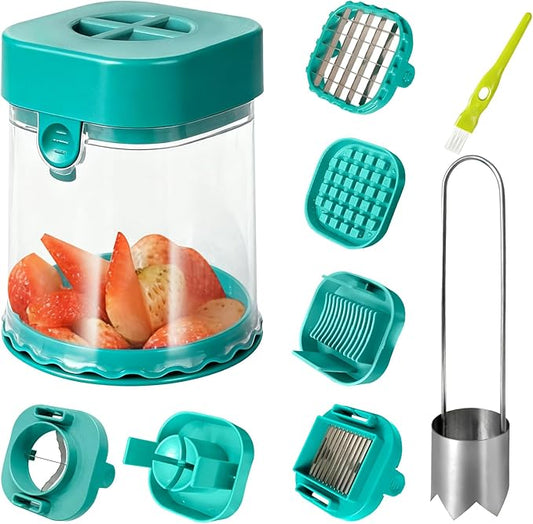 3pcs 3 in 1 Fruit Slicer Cup, Strawberry Slicer, Vegetable Chopper, Tomato Grape Cutter Cup, Egg Slicers, Quarter Extrusion Fruit Divide with 2 Replacement BaseCutters (Dark Blue)