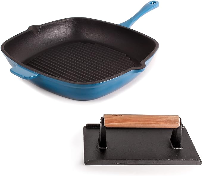 Berghoff Neo 2Pc Enameled Cast Iron Grill Set, Grill Pan 11 inches, Bacon/Steak Press 8 inches, Fast, Evenly Heat, Oven safe (Blue)