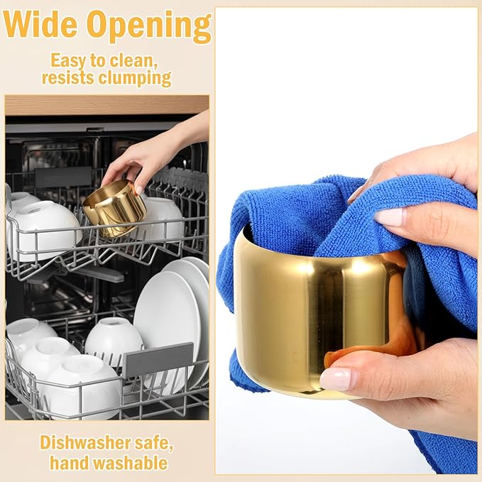 Gold Sugar Bowl with Glass Lid and Spoon, 10oz Capacity Stainless Steel Sugar Container Round Kitchen Storage Pot Coffee Bar Accessories for Kitchen Storage, Salt, Candy, Coffee Beans