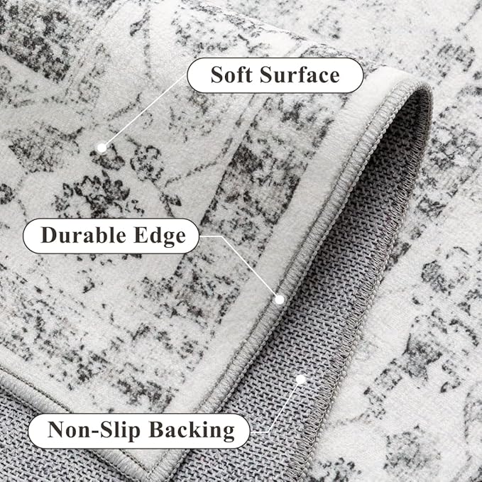 Grey 3x5 Entryway Rug Vintage Area Carpet Indoor Kitchen Washable Door Mat Entrance Small Low Pile Traditional Distressed Retro Accent Throw Rug Non Slip Office Bathroom