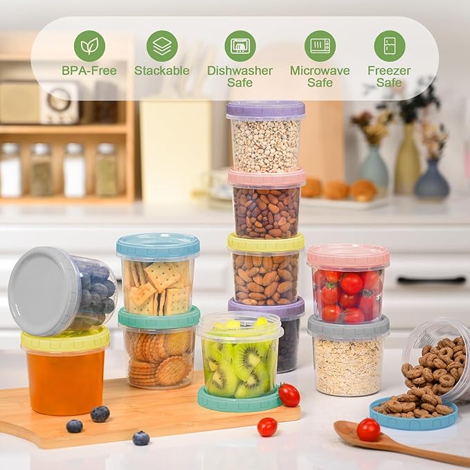 6 Piece 10 oz Plastic Food Storage Containers with Lids, Reusable Freezer Storage Containers, Small Meal Prep Containers with Pen and Brush, BPA-Free, Screw Top, Microwave & Dishwasher Safe
