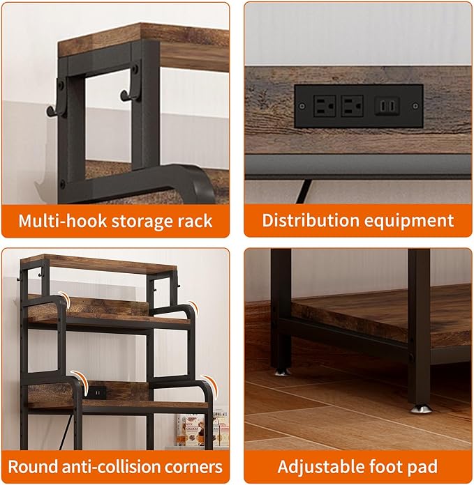 Bakers Rack with 4-Tier Mini Adjustable Shelves and Power Outlet, Heavy-Duty Metal Frame Kitchen Shelf Organizer, Mini Fridge & Microwave Stand for Kitchen, Dorm, Living Room, Walnut Brown