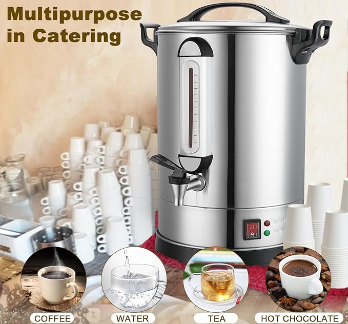 Coffee Percolator Large Coffee Maker 155 Cups Commercial Coffee Urn Electric Industrial Coffee Maker Hot Water Dispenser Machine for Catering, Church, Restaurant Dual Layer Stainless Steel 1500W 120V