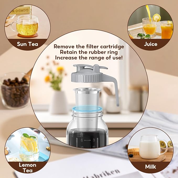 AHOMSEL Cold Brew Coffee Maker Jar - 2 Pack 64 oz Glass Cold Brew Maker with Handle, Stainless Steel Filter & Leak-Proof Lid, Heavy Duty Cold Brew Pitcher for Iced Coffee, Sun Tea, and Milk