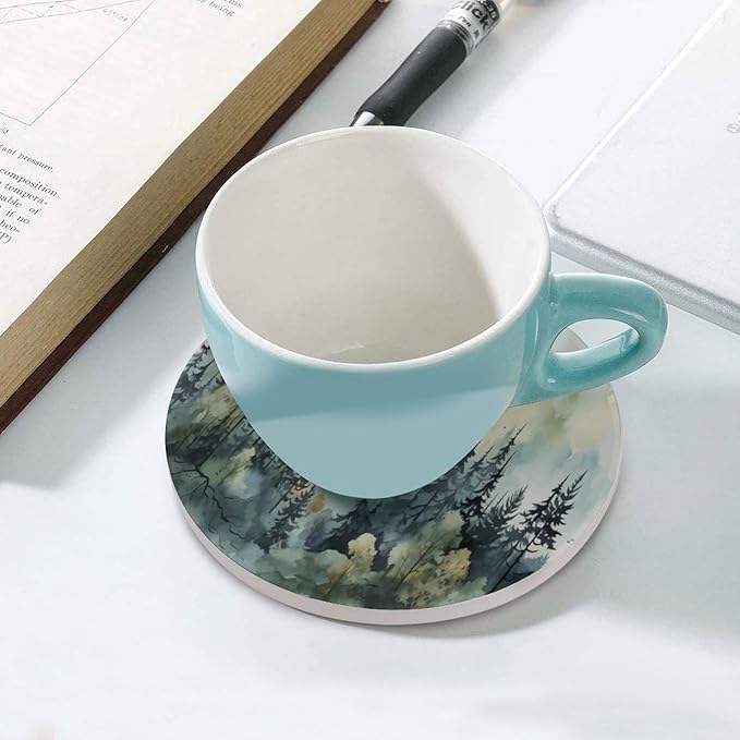 Forest Drink Coasters, Round Ceramic Drink Coaster Round-6PCS, Watercolor Style Nature Mountain Woodland Green Forest Flying Birds Decor Absorbent Ceramic Coasters for Beverage Cup, Bar, Coffee Table