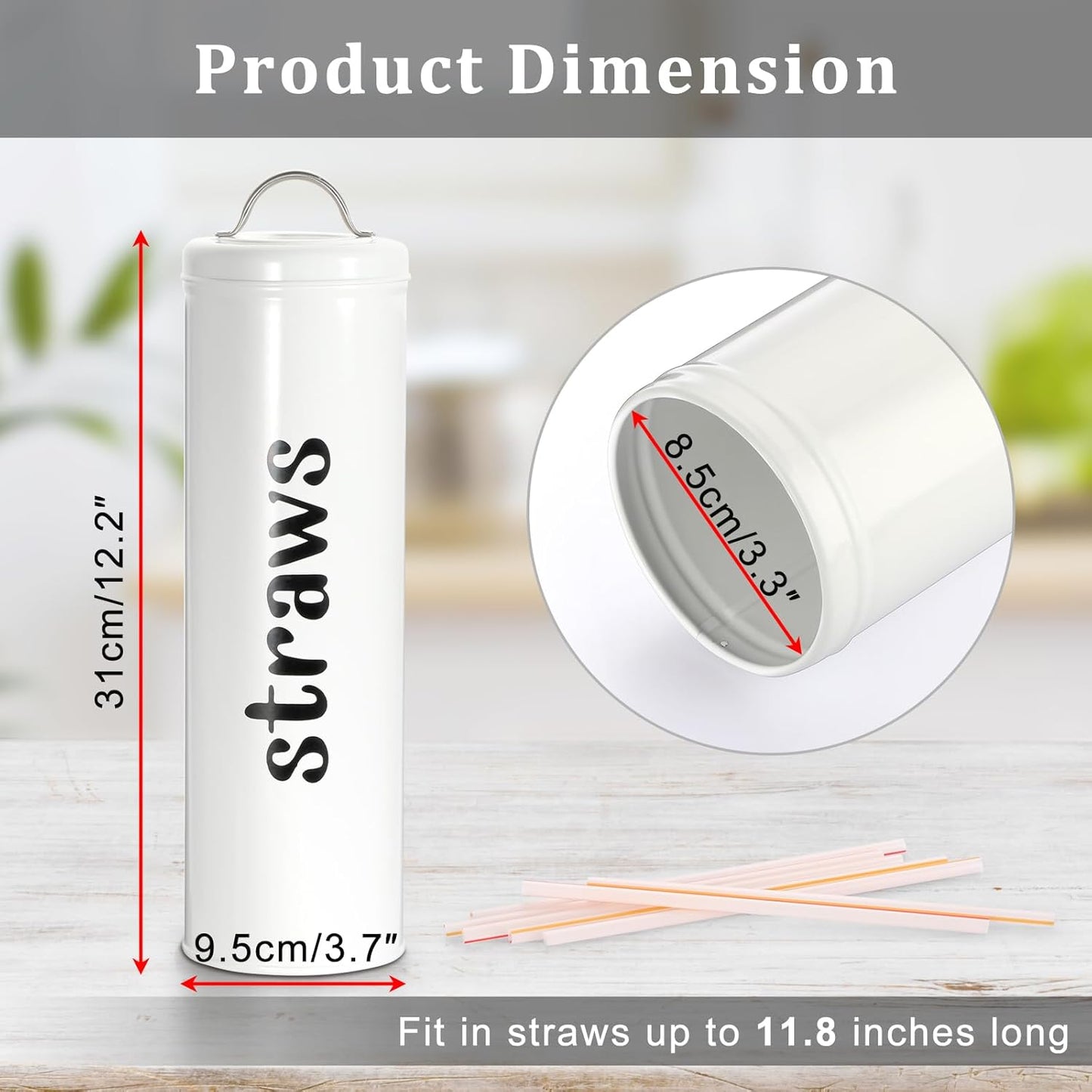 Metal Straw Holder, 12 Inch Tall Drinking Straw Dispenser with Handle Lid, Rustic Farmhouse Straw Storage Canister for Counter-Holds up to 100 Straws Bulk Straw Organizer for Kitchen & Shop