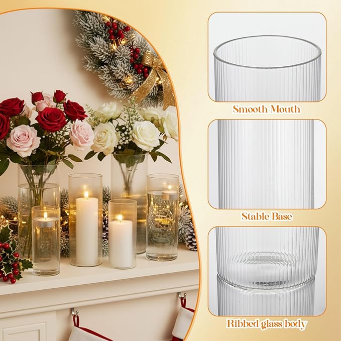 6 Pcs Ribbed Glass Candle Holder 6"/7.8"/10" Tall Cylinder Candle Holders Clear Round Flower Vases for Table Centerpiece Wedding Anniversary Home Decorations