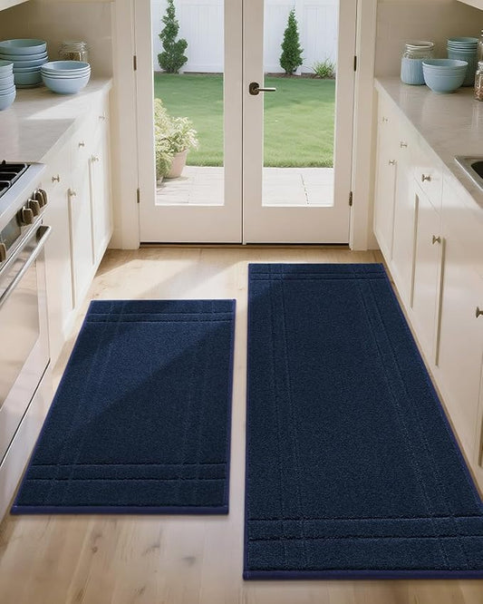JSEI Kitchen Mats for Floor, Non-Slip Kitchen Rugs, Soft Washable Absorbent Kitchen Mats 2 PCS, Kitchen Runner Rug with TPR Backing, Polyester, 24"x36"+24"x60", Navy Blue