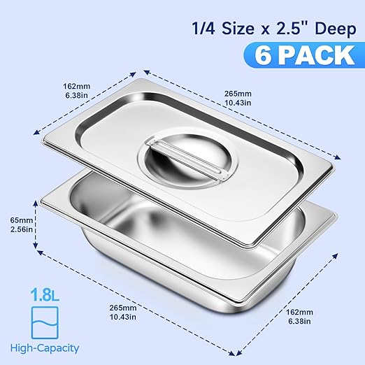Hotel Pan With Lids 1/4 Size 2-1/2 Inch Deep Stainless Steel Chafing Dishes for Buffet, Steam Table Pan, Metal Commercial Food Pans for Food Prep/Serving (6 Pack, Half Size 1/4 x 2-1/2" Deep)