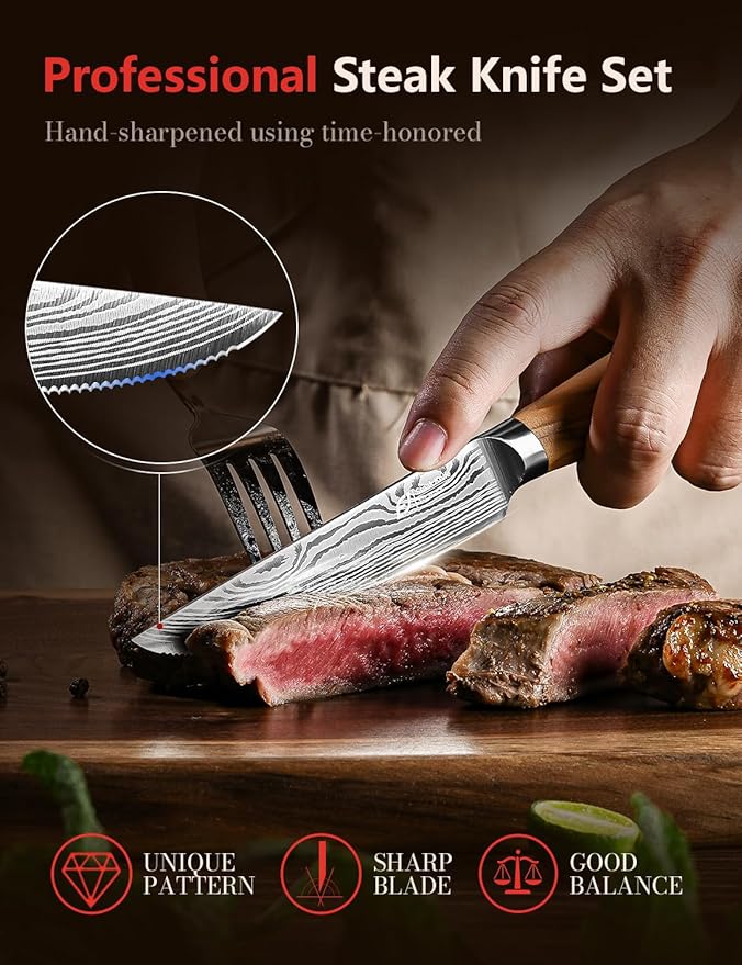 Emojoy Steak Knives Set of 6, 4.5 Inches Serrated Steak Knife Set, German Stainless Steel Kitchen Steak Knives with Original Olive Wood Handle and Wooden Gift Box