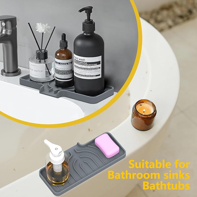 Sponge Holder for Kitchen Sink, Soap Tray for Sink & Counter, 9.8"×4.9" Soap Dish Mat, Silicone with Drain, Perfect for Dispenser, Scrubber, Bottle, Cup (Gray)