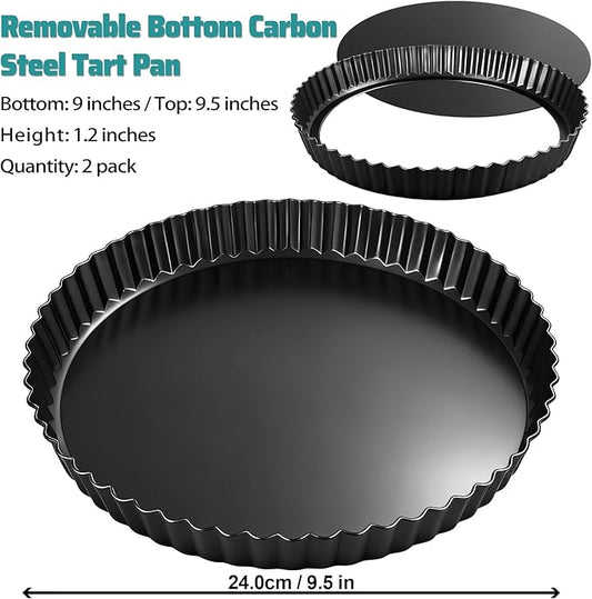 EPPARN Tart Pan 2 Pack, 9 Inch Non-Stick Carbon Steel Pie Pan, Tart Pans with Removable Bottom - Perfect Molds for Making Quiches, Brownies, and Fruit Tarts with Grooved Edges