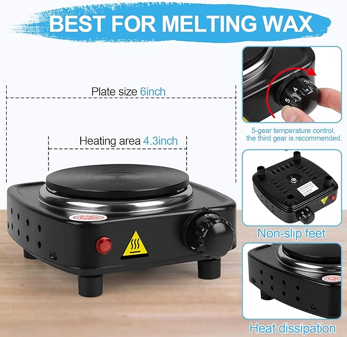 Hot Plate for Candle Making, Black Color Electric Hot Plate for Melting Wax, Chocolate, Candy and More