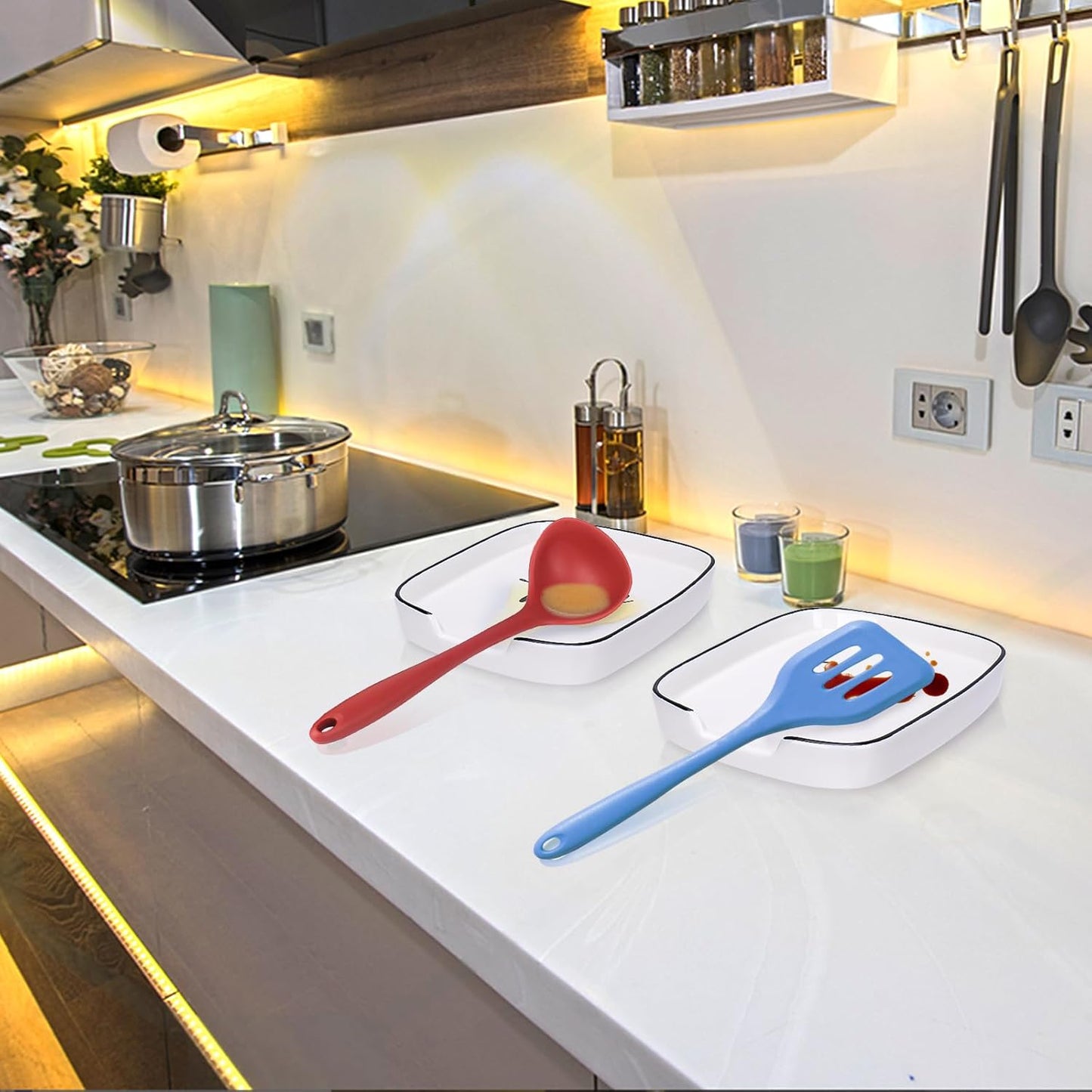 4 Pack White Ceramic Spoon Rest for Stove Top, Durable Spoon Rest Set with Metal Holder, Heat-Resistant Cooking utensils Rest, Large Spoon Rest for Kitchen Counter, Modern Farmhouse Kitchen Décor
