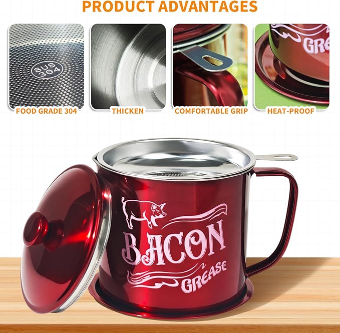 1.3L Bacon Grease Saver Container with Fine Mesh Strainer,Stainless Steel Oil Keeper Can for Bacon,46oz Large Rustic Farmhouse Fat Container, Keeper, Recipes, Dishwasher Safe (Red)