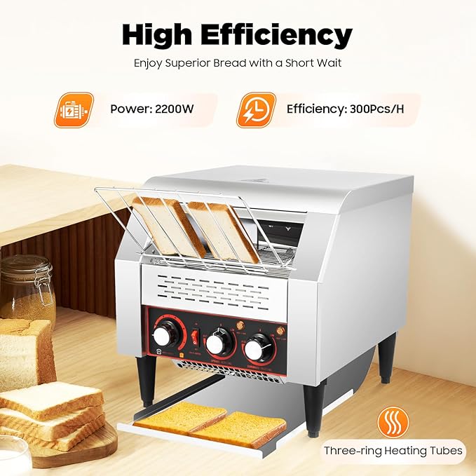300 Slices/Hour Electric Conveyor Toaster, 2200W Stainless Steel Electric Oven with Dual Heating Tube 7-Speed Adjustments, Commercial Conveyor Toaster for Kosher, Buns and Sandwiches