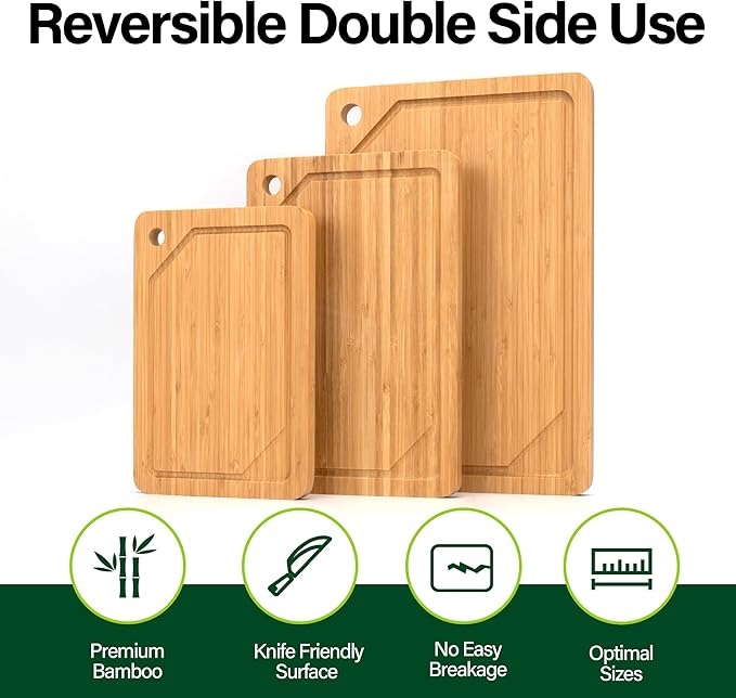Bamboo Cutting Board Set of 3, Cutting Boards For Kitchen with Juice Groove, Bamboo Chopping Board Set, Serving Board Set for Meat, Vegetable and Cheese