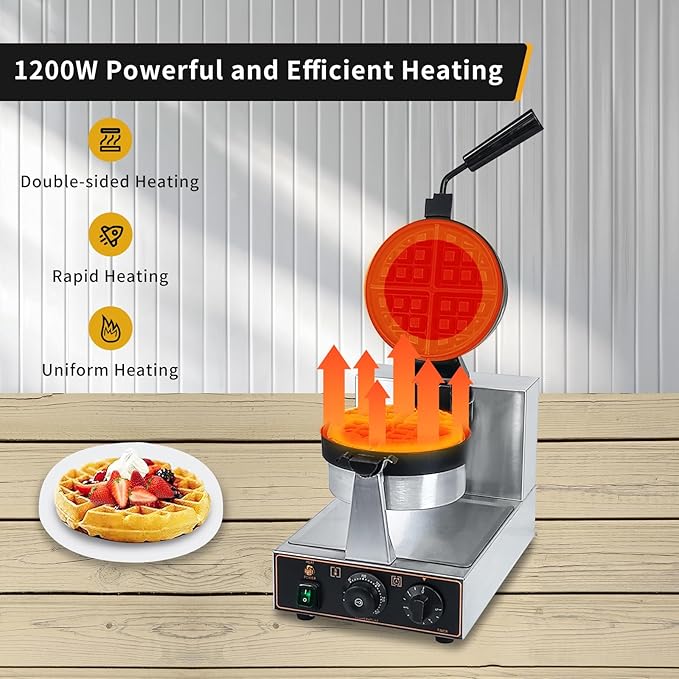 Commercial Waffle Maker, belgian waffle maker, 1000W Round Waffle Iron, Non-Stick Waffle Baker Machine with 122-572℉ / 50-300℃ Temp Range Teflon-Coated Baking Pans Stainless Steel Body
