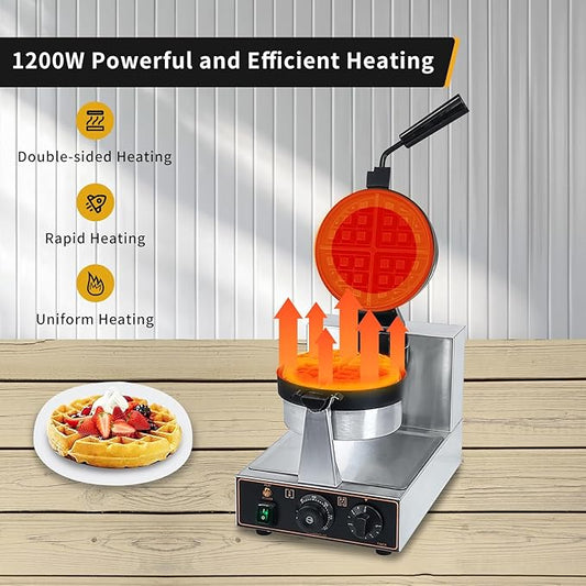 Commercial Waffle Maker, belgian waffle maker, 1000W Round Waffle Iron, Non-Stick Waffle Baker Machine with 122-572℉ / 50-300℃ Temp Range Teflon-Coated Baking Pans Stainless Steel Body