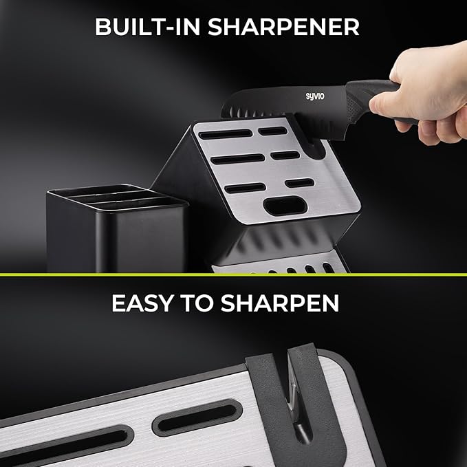 syvio Knife Set, 21pcs Utility Knife Sets for Kitchen with Block and Sharpener, Razor-Sharp, Effortless Sharpening, Premium Kitchen Knives with 6 pcs Kitchen Utensils Set and Utensil Holder, Black