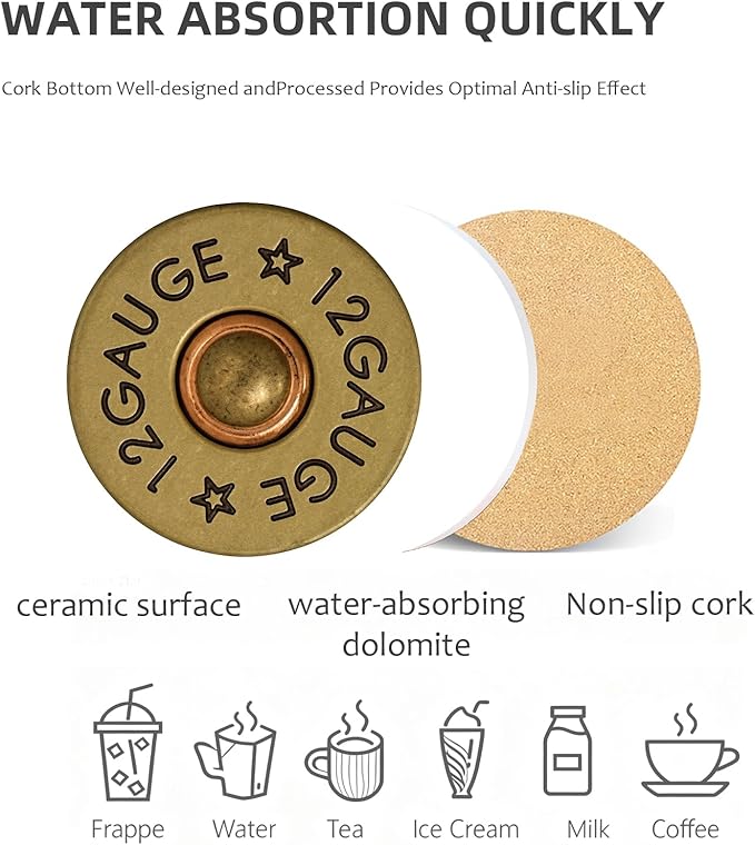 Coasters for Drinks with Holder Set of 6, Shotgun Shell Ceramic Coaster Absorbent for Office Desk Table Coasters Kitchen Decor House Warming Gifts for New Home Couples, Round 4"