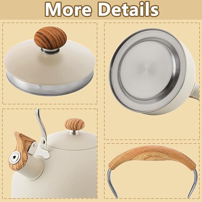 Tea Kettle,2.6 Quart Whistling Tea Kettle, Food Grade Stainless Steel Whistling Tea Pot with Wood Pattern Handle,Works For All Stovetops(Beige-2.6 Quart)