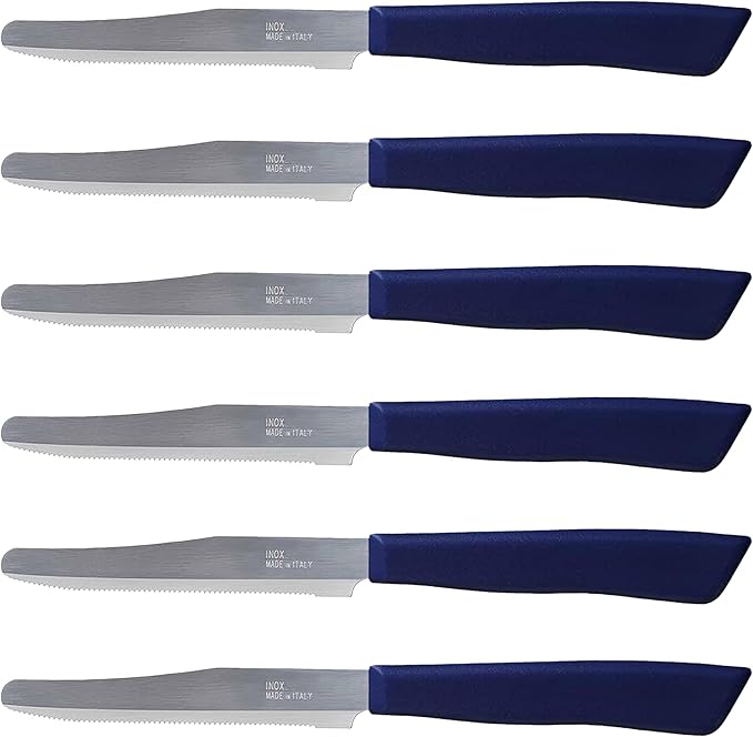Tredoni 6 kitchen Knives - 4.3"/11cm Italian Stainless Steel Serrated Vegetable/Steak/Table Knife Cutlery, Rounded Tip (Blue)