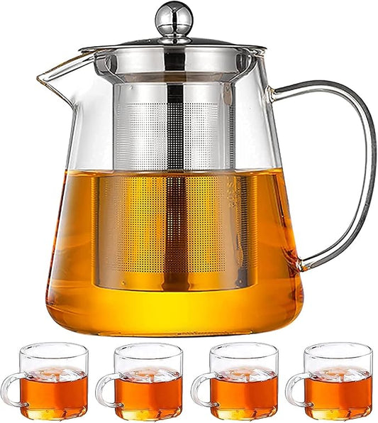 Glass Kettle Teapot for Gas Stove – Borosilicate Tea Pot with Stainless Steel Infuser, Heat-Resistant & Stovetop Safe, Loose Leaf & Blooming Tea – Set with 4-150ml Cups (750ML + 4Cup)