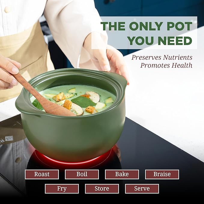 MINH LONG 1-Qt Porcelain Dutch Oven with Lid – Lead & Cadmium Free, Oven Safe to 482°F, Heat Retention, Clay Pot for Cooking on Gas & Infrared Cooktop, Use to Marinate, Cook, Bake, Refrigerate & Serve