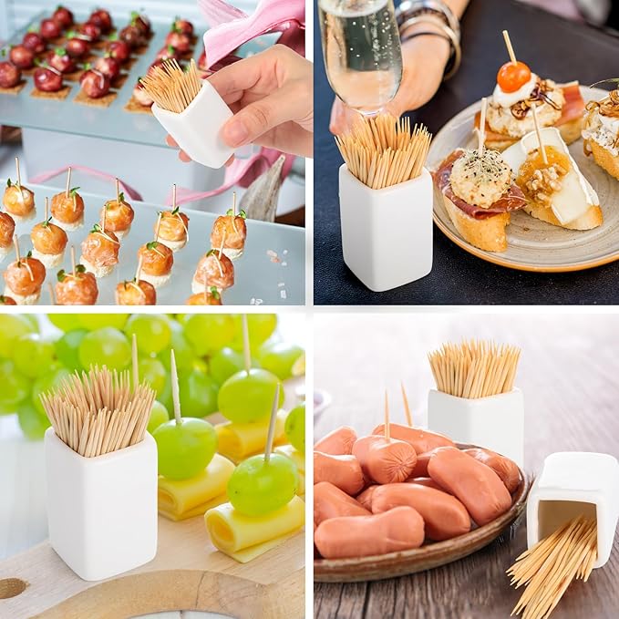 Mimorou 4 Pcs White Ceramic Toothpick Holder Simple Ceramic Toothpick Dispenser Container for Home Kitchen Charcuterie Board, Easy to Clean