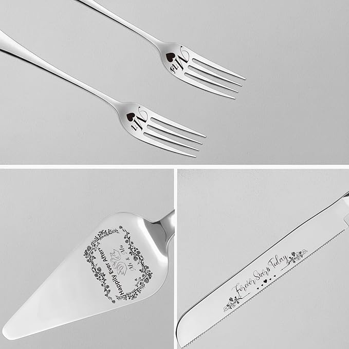 4 Pieces Wedding Cake Cutting Set Knife and Forks Set Wedding Cake Knife and Server Set Sliver Forks Engraved Mr. and Mrs.for Engagements, Anniversaries, Bride and Groom (Silver MR&MRS)