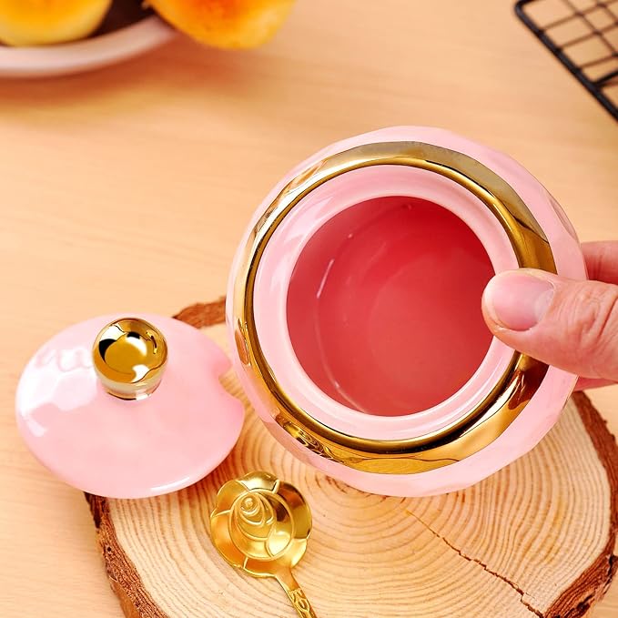 WHJY Ceramic Sugar Bowl with Lid and Spoon, Golf Design Porcelain Salt Bowl Salt Container, Modern Spice Box Seasoning Jar for Home and Kitchen Coffee Bar - Pink