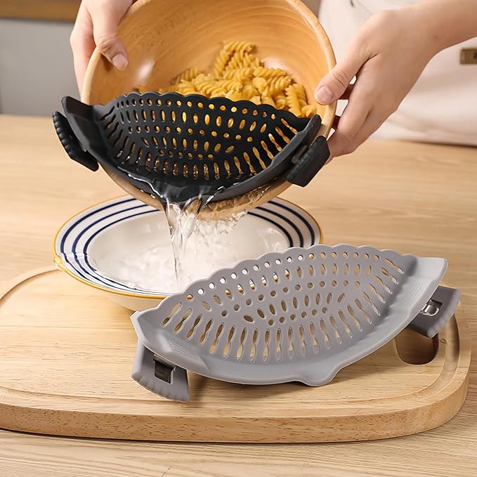 2 PACK Silicone Clip-on Strainer - Fits Pots, Pans & Pasta, Hands-Free Food Strainer for Ground Beef, Spaghetti, Pasta, Compatible with All Bowls and Pots (Black,Grey)