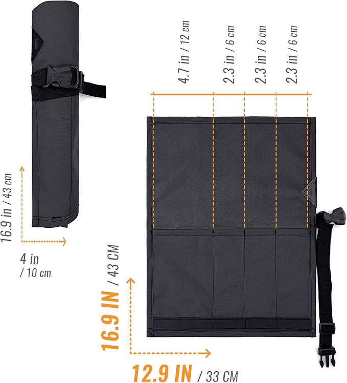 Under NY Sky Knife Roll Case - 4 Slots - Heavy Duty Oxford Canvas Pouch - Leather Reinforced - Portable Bag for Cooking Tools, Utensils, Cutlery Knives, Brushes - Chefs, Kitchen, Travel, Gift - Gray