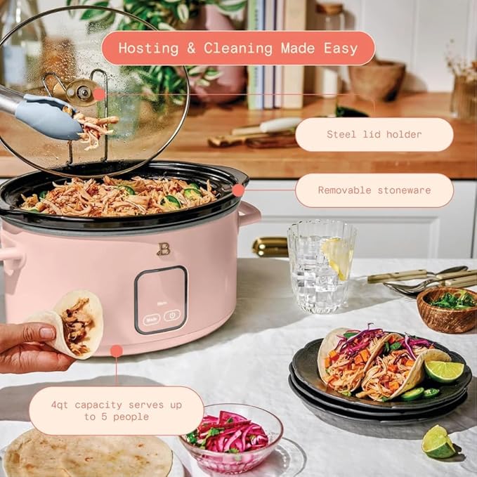 Beautiful 4-Quart Slow Cooker with Touch-Activated Display, Programmable Digital Controls, Removable Non-Stick Pot, Keep Warm Function, by Drew Barrymore (Rose)