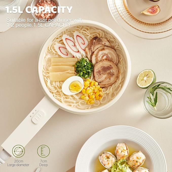 Electric Hot Pot, 1.5L Ceramic Glaze Non-stick Mini Pan, Portable Electric Pot for Steak, Egg, Fried Rice, Ramen, Oatmeal, Soup with 2 Power Adjustment, Electric Pot for Dorm